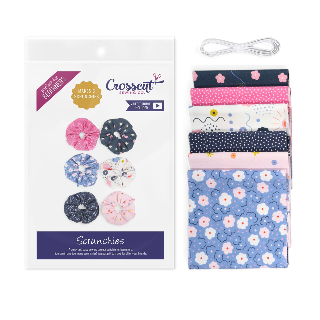 Crosscut Sewing Co.® Scrunchie Sewing Project Kit for Beginners with Fabric, Instructions and Video